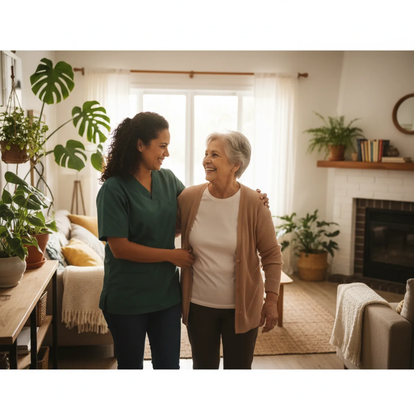 Cuidadora de idosos atendendo uma senhora