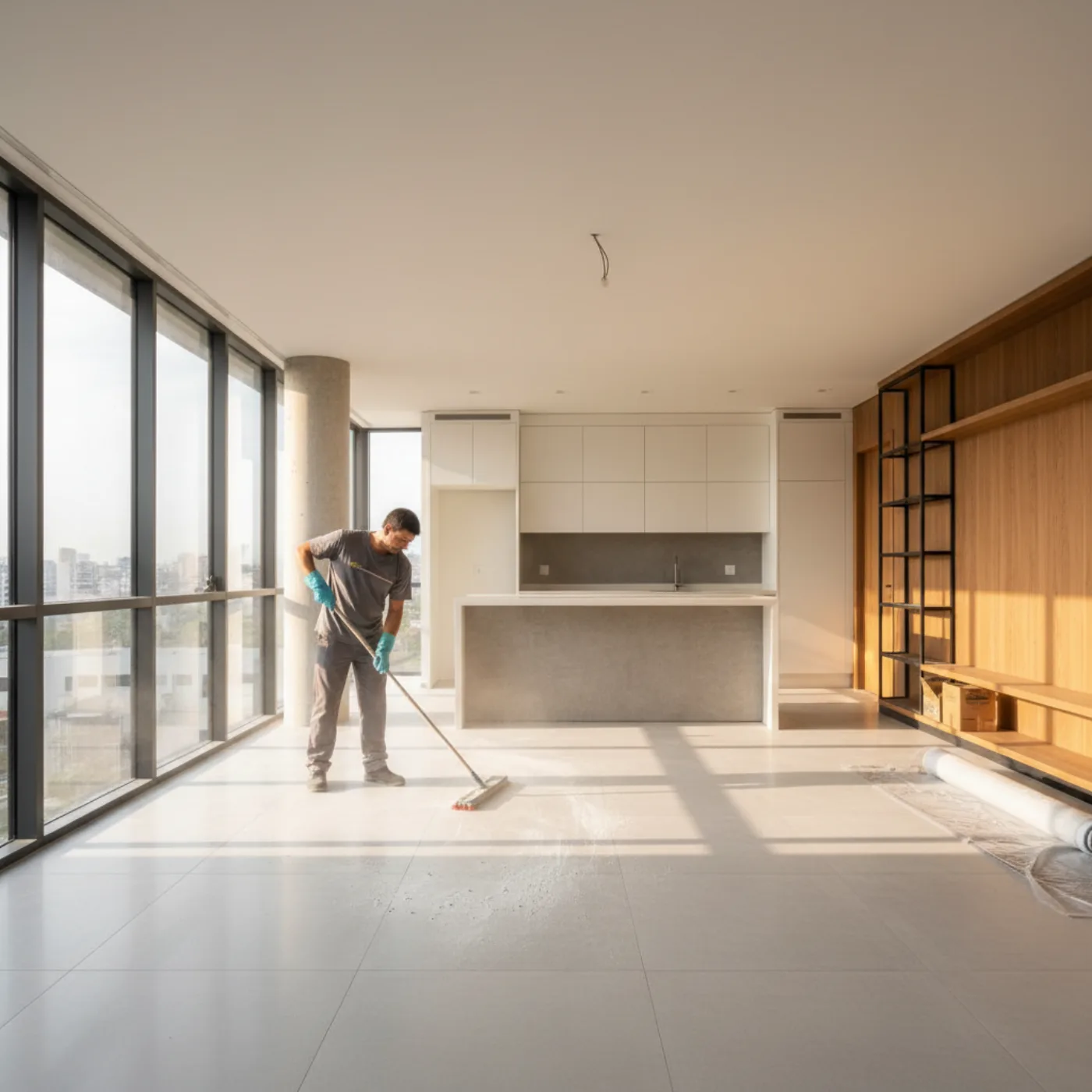 Profissional fazendo limpeza pós-obra em apartamento reformado